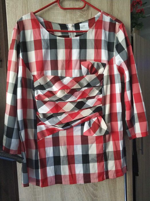 Bluzka Damska Czerwona Kolorowa sweter sweterek rękaw 3/4 kratka krata