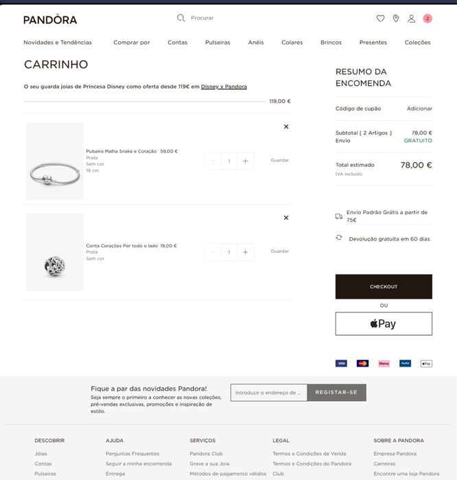 Pulseira Pandora Original + 2 contas  - Tam. 19.