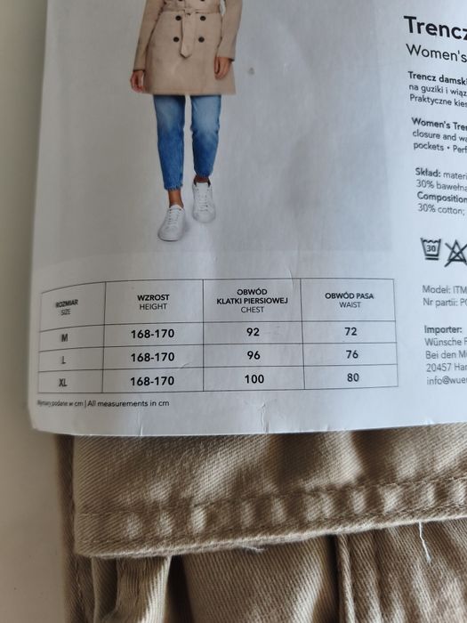 Trencz damski, płaszcz wiosna-lato, rozm. XL