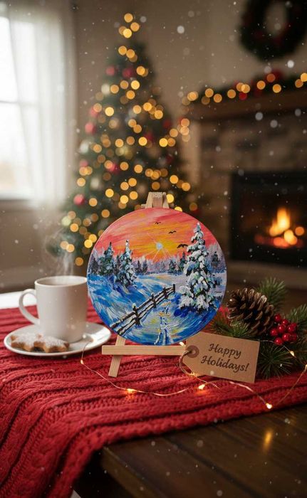 Картина коло 15 см акрилом "Зимова казка" | Ручна робота | Подарунок