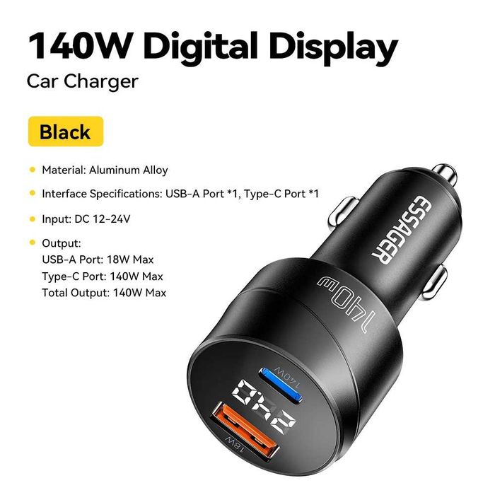 Потужний Автомобільний зарядний пристрій Essager 140W LED (Type-C + USB) Метал, Вольтметр. Автозарядка з Вольтметром. Надійна зарядка