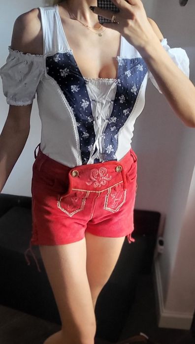 Tradycyjny dirndl strój bawarski na oktoberfest spodenki skóra natural