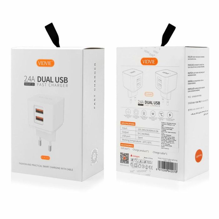 Ładowarka sieciowa VIDVIE PLE207 2.4A 2xUSB + kabel MicroUSB, Vidvie