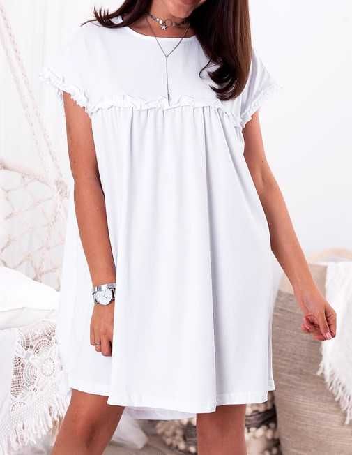 Biała bawełniana sukienka tunika z falbankami