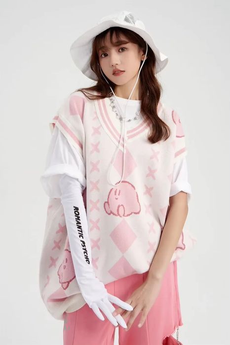 Damski Sweter Uczennicy Anime, Motyw Kirby Kamizelka w Romby - XL