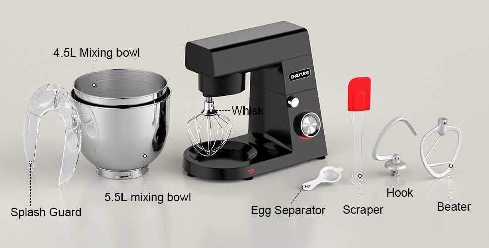 CHeflee Robot kuchenny, 1500 W z miską ze stali nierdzewnej 4,5 i 5,5