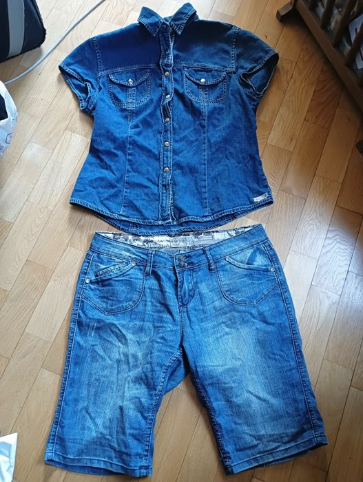 Komplet bluzka jeansowa M/L kamizelka 38/40 bawełna spodenki szorty