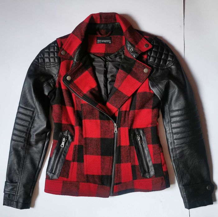 Kurtka w czerwoną kratkę ramoneska biker jacket punk skórzana House XS