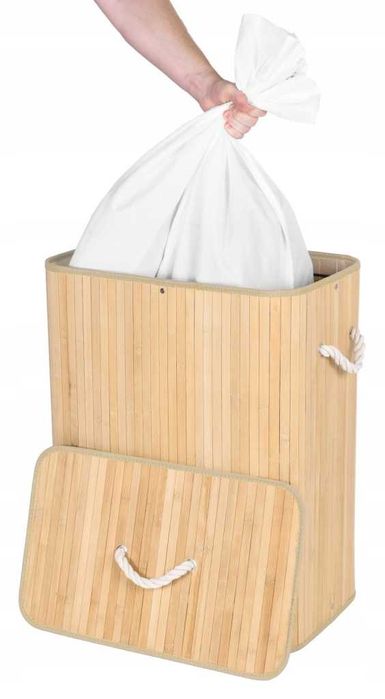 Duży Kosz Bambusowy na Pranie 100L Organizer Dwukomorowy Loft