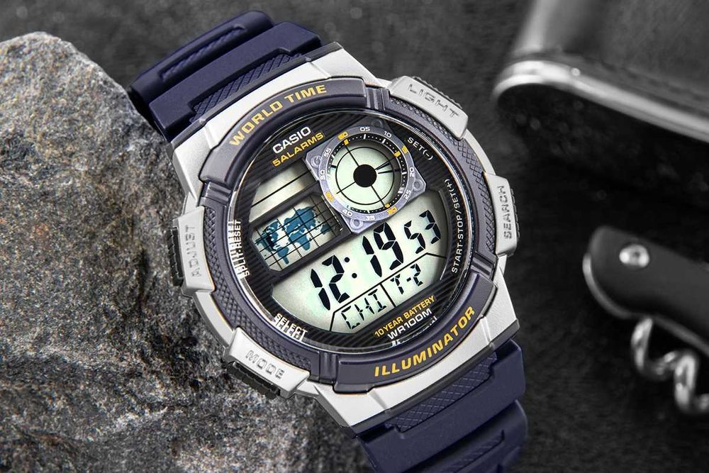 Zegarek Męski Casio AE-1000W-2AVDF Granatowy Nowy Oryginał | WR100 | Bateria 10 Lat | World Time | Gwarancja | Faktura | Szybka Wysyłka | Real Photo