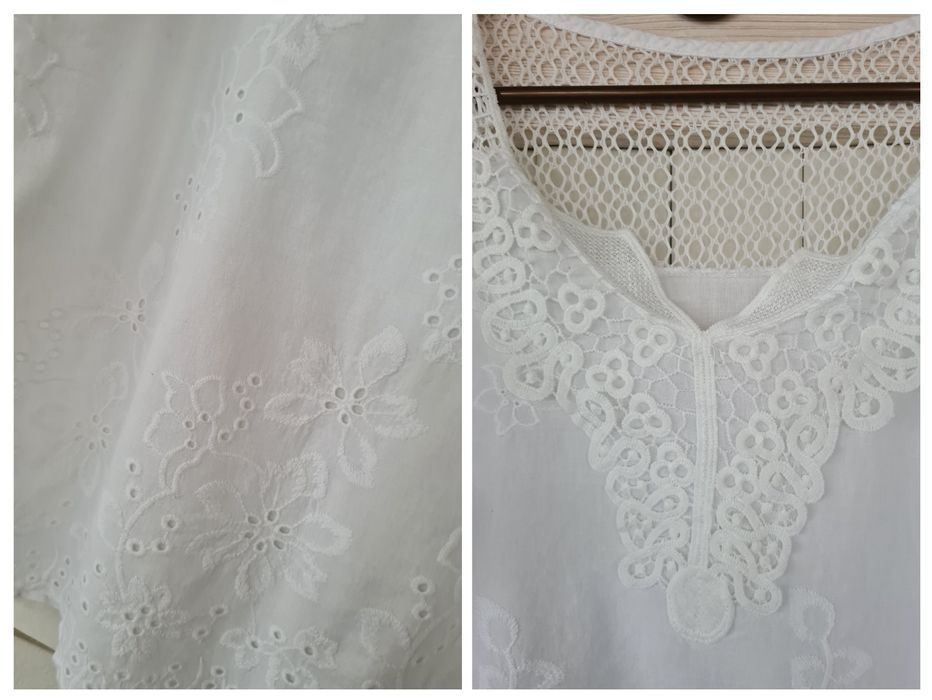 Bluzka XXL biała wykończenia koronka bawełna
