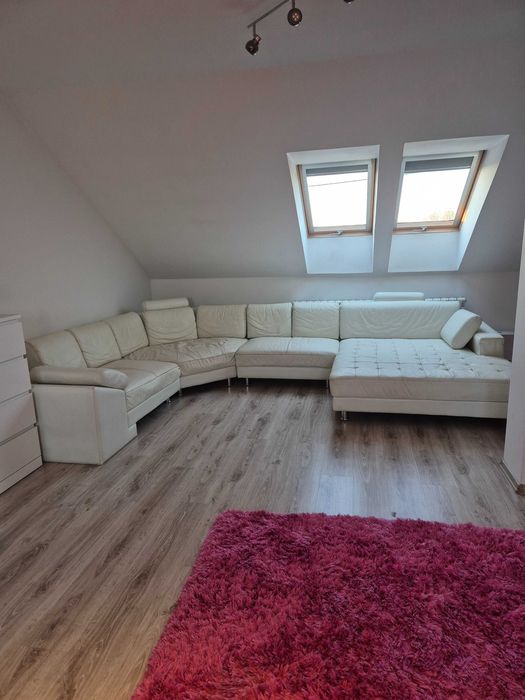 Sprzedam kanapę ze skóry naturalnej pokrowce welurowe szare