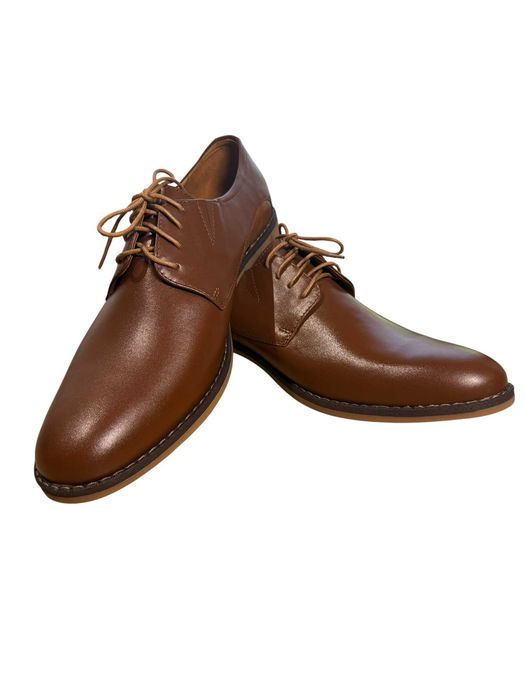 Buty męskie eleganckie skórzane wizytowe – brązowe półbuty Derby rozmiar 45 DG20 BRĄZ JASNY BRĄZ WSTAWKA