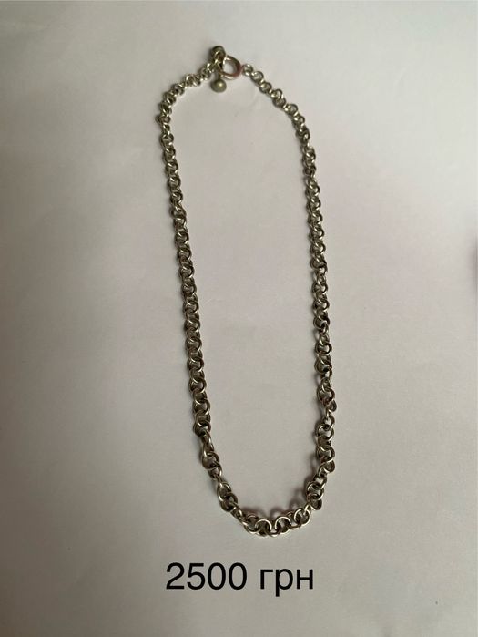 Срібний ланцюг, срібна підвіска лебідь, кліпси, брошка троянда