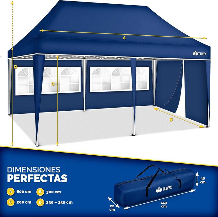 TENDA Gazebo dobrável tillvex, 3 x 6 m, com saco ( 3 painéis laterais)