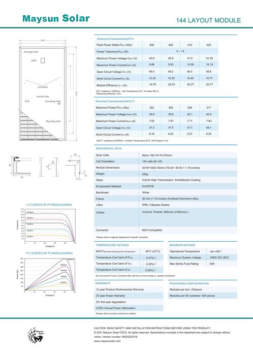 Maysun 420W painel solar/ módulo fotovoltaico