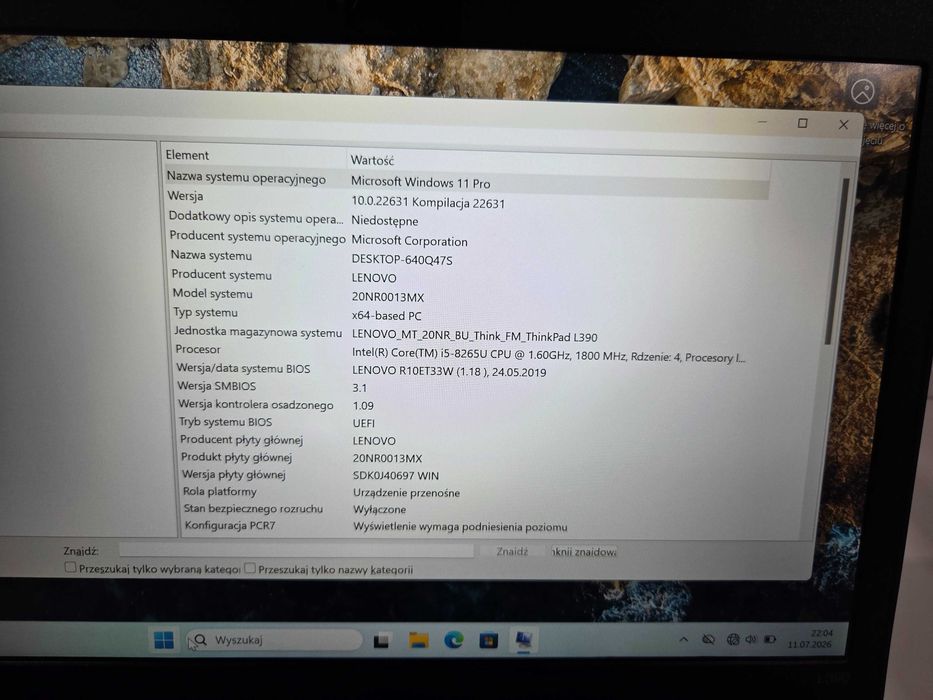 LAPTOP Lenovo ThinkPad L390 256/8GB, i5-8265U, WIN 11 PRO- STAN BDB,SPRAWNY