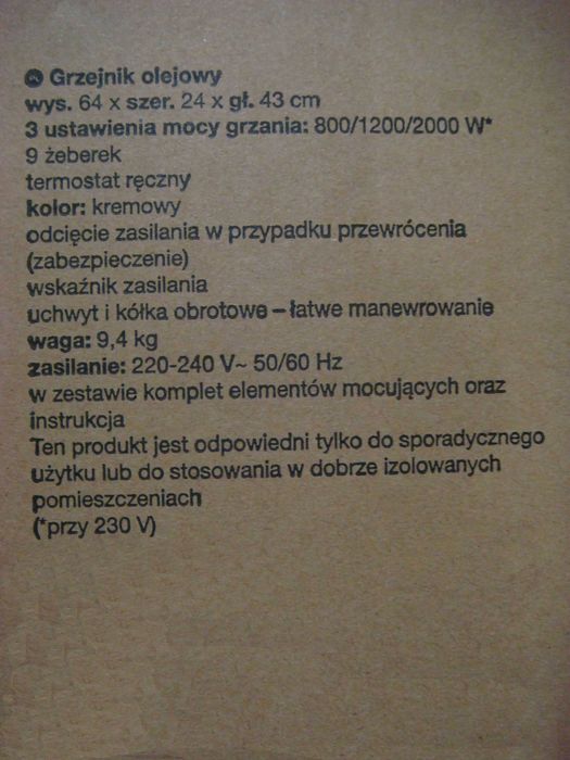 Nowy Grzejnik Olejowy - 2000 W