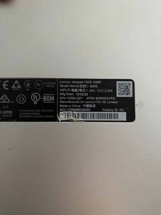Portátil Lenovo ideapad 100S-14IBR (Para peças)