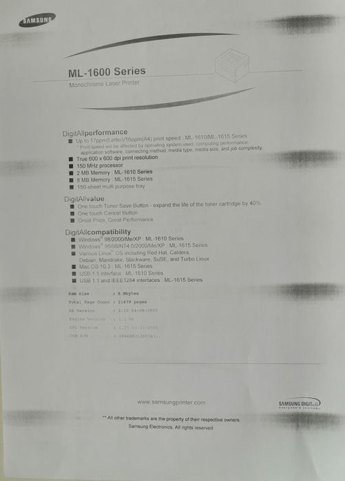 Лазерный принтер Samsung ML-1600 (рабочий) бу