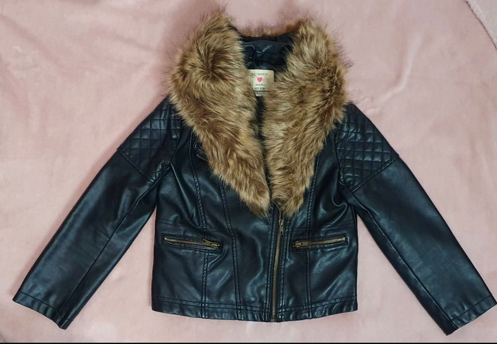 Kurtka Ramoneska dla dziewczynki 128 cm czarna z futerkiem odpi