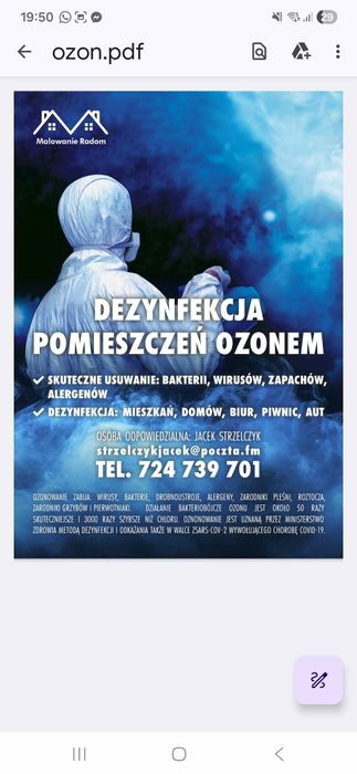 Ozonowanie/Dezynfekcja/Odgrzybianie pomieszczeń, samochodów, klimatyza