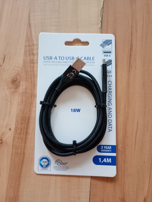 kabel przewód USB-A USB-C czarny 18W 1,4m nowy