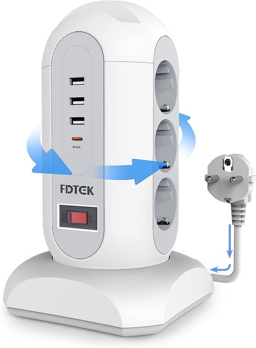 Listwa zasilająca FDTEK pionowa, wieżowa, z 3 gniazdami USB-A i 1 typu C oraz 9 wtyczkami