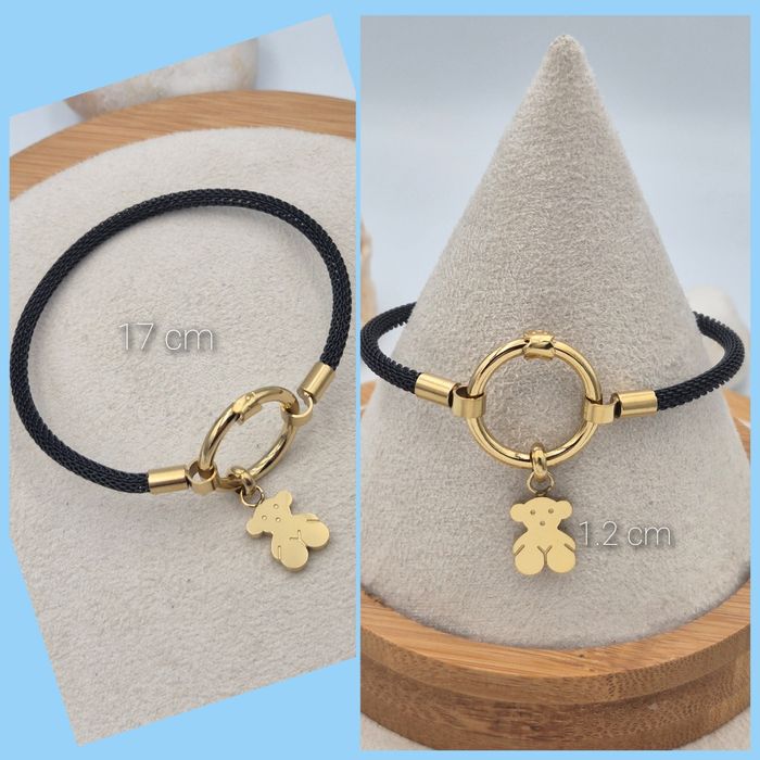 Bransoletka miś na kółeczku zawieszka złota czarna sztywna stal chirur