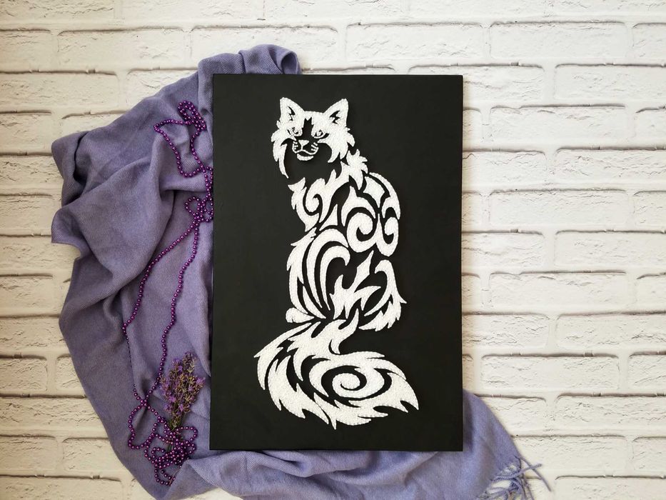 Картина Белый Кот, Стринг Арт кот, Декор в дом, Черно белое панно