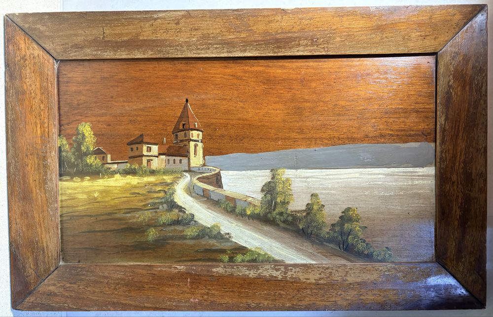 Paisagem costeira - antiga pintura em óleo sobre madeira