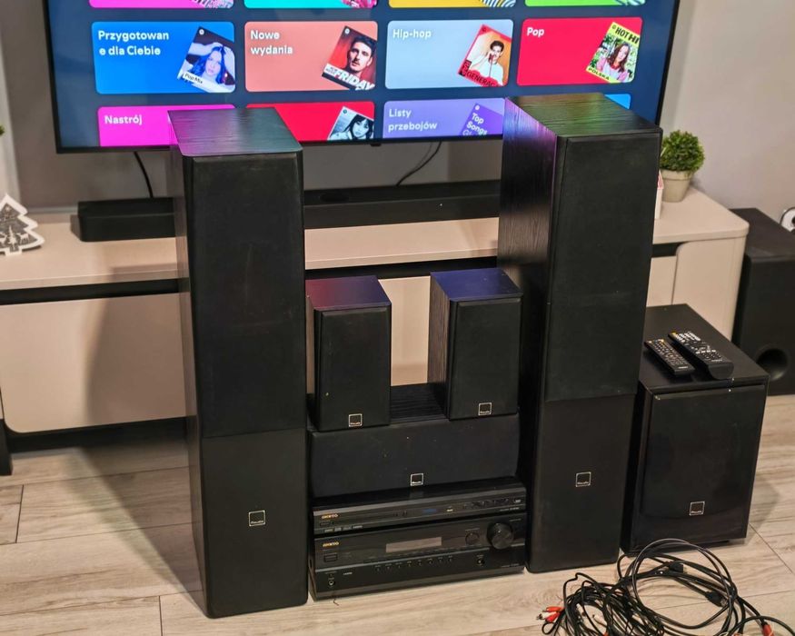 Kino domowe 5.1 Onkyo+M-Audio Subwoofer Amplituner HDMI, zestaw kolumn