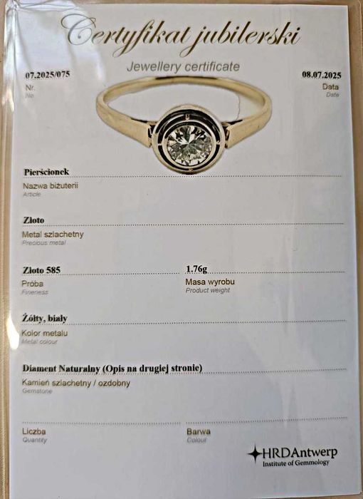 Złoty Pierścionek z brylantem 14K 1,76g. Certyfikat