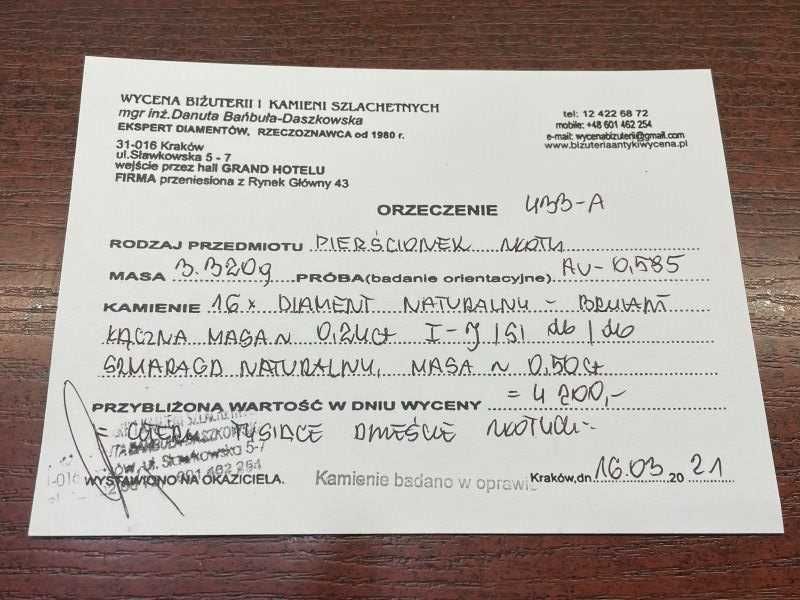 Szmaragdowy Złoty Pierścionek - 3,32g - DIAMENTY - KRAKÓW