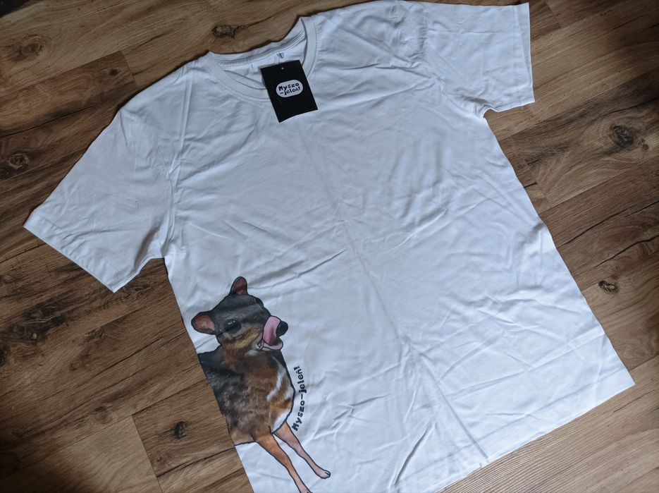 Koszulka z myszojeleniem, męska koszulka krótki rękaw biała L