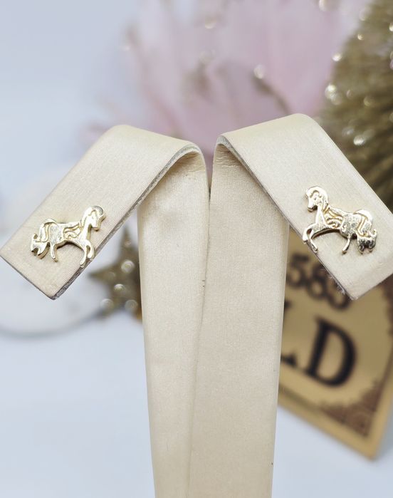 Złote kolczyki wtykane konie próba 585 14k