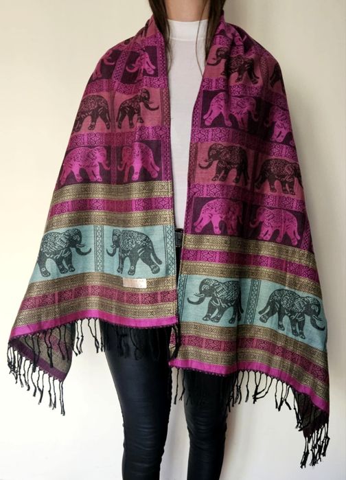 Duży szal indyjski pashmina kaszmir 100% kolorowy duży wzory XL chusta