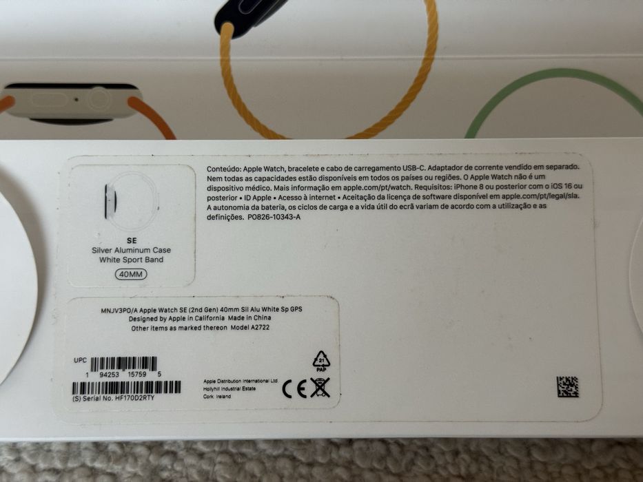 Apple Watch SE (2.ª Geração) 40mm Prateado + Caixa e Carregador