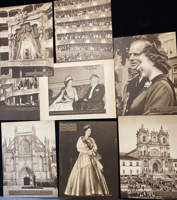 8 posters A4, antigos, da visita Rainha Isabel a Portugal. 1957