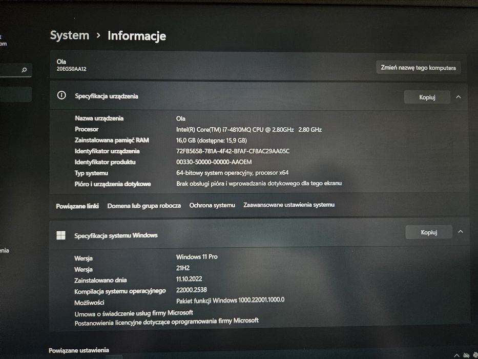 Laptop Lenovo ThinkPad W541 / dysk SSD procesor i7 / 16GB RAM / Torba i Zasilacz