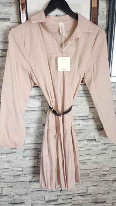 Koszula sukienka pasek beżowa plisowana s m l