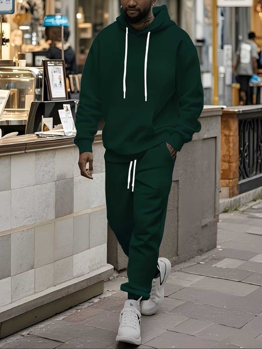 Męski Komplet Casual: Bluza z Kapturem + Spodnie | Ciemnozielony