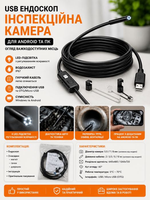 USB ендоскоп (інспекційна камера) для Android та ПК