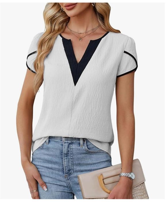 Elegancka bluzka damska,krótki rękaw, biała, rozm. L LEKOPUR