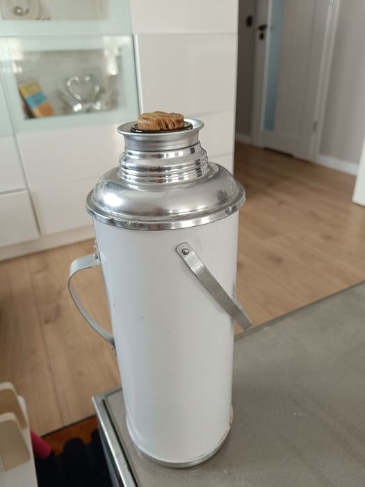 Termos szklany z uchwytem, stalowa obudowa, biały, korek naturalny