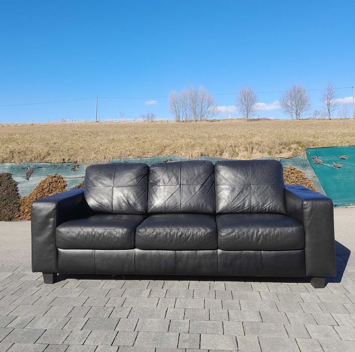Fotel trzyosobowy sofa czarna skóra naturalna