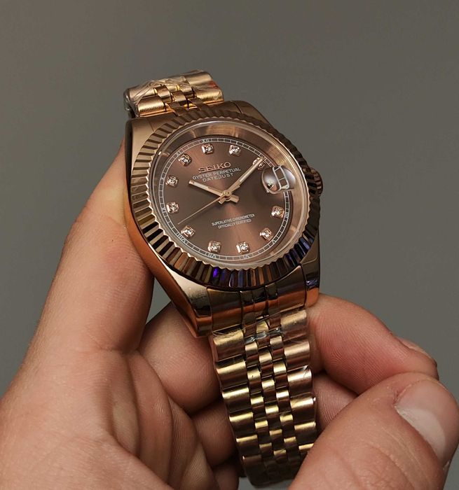 Seiko MOD Datejust Brązowy Czekoladowy Diamond Rose Gold Nowy Custom Jubilee Zegarek Męski Diamenty