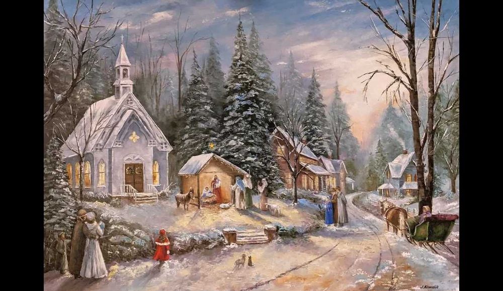 Kowalik - " Boże Narodzenie " - 100x70cm Pejzaż Obraz Olejny Zima