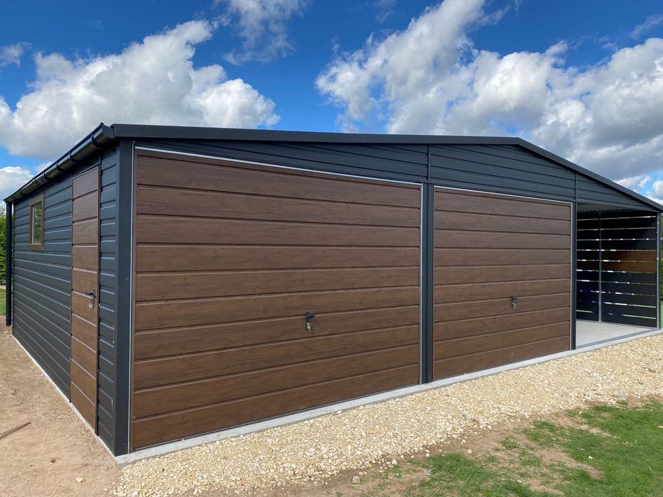 Producent: garaż blaszany grafit mat + orzech 9x6. PROFIL ZAMKNIĘTY