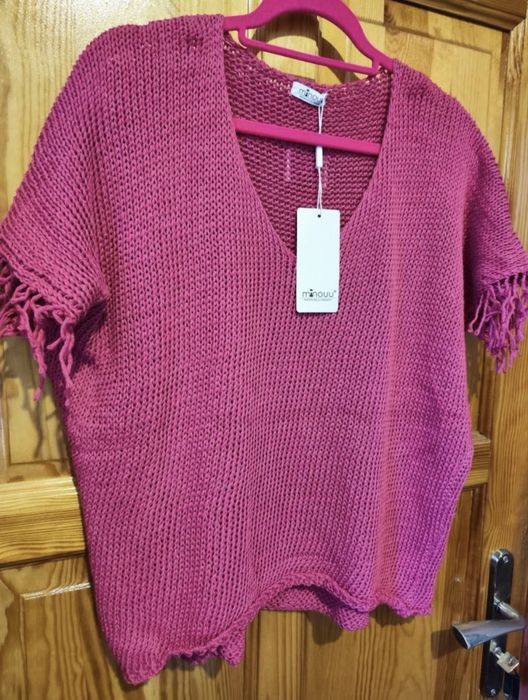 NOWY Sweter Minouu Przybylska Bawełna Fuksja Frędzle Butik